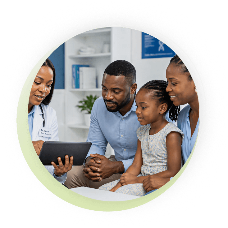 Doctors reviewing results with a parent and child
